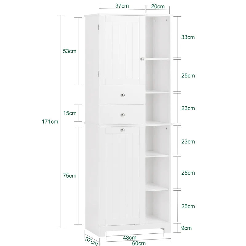 SoBuy BZR104-W Colonne Salle de Bain avec Panier à Linge Intégré – 6 Étagères Réglables, 2 Tiroirs, Gain de Place 171 cm, Blanc