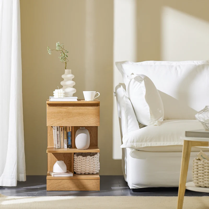 SoBuy FBT49-N Table de Chevet - Table de Nuit avec 1 tiroir et 2 étagères, Table d'appoint pour Chambre à Coucher - Meuble de Rangement Moderne L39 x P39 x H65 cm Naturel