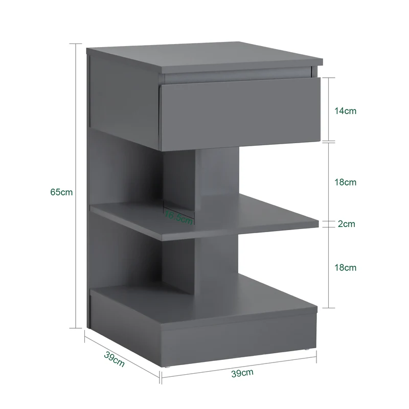 SoBuy FBT49-HG Table de Chevet - Table de Nuit avec 1 tiroir et 2 étagères, Table d'appoint pour Chambre à Coucher - Meuble de Rangement Moderne L39 x P39 x H65 cm Gris