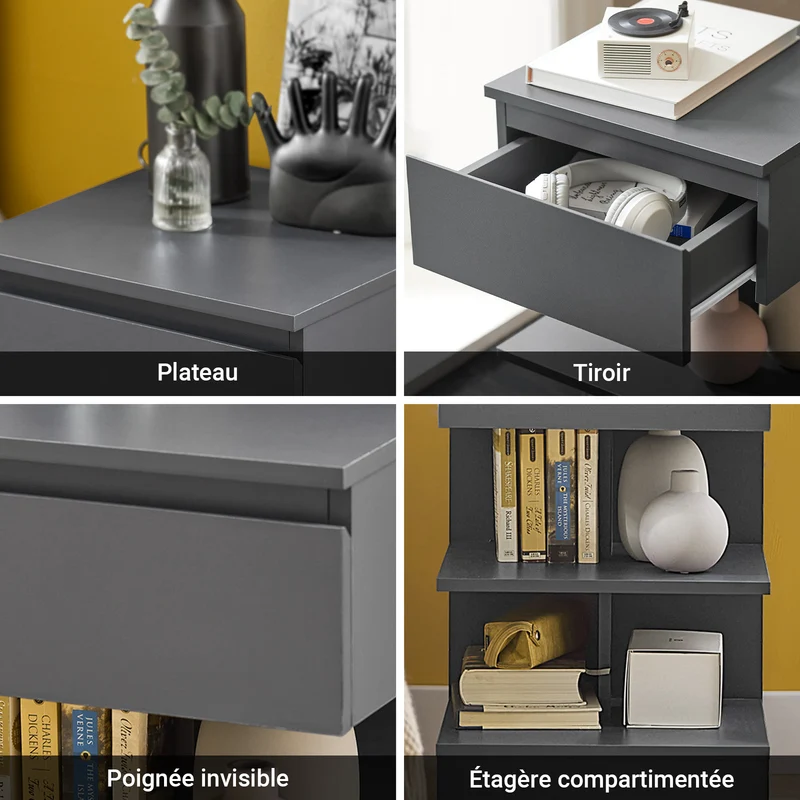 SoBuy FBT49-HG Table de Chevet - Table de Nuit avec 1 tiroir et 2 étagères, Table d'appoint pour Chambre à Coucher - Meuble de Rangement Moderne L39 x P39 x H65 cm Gris