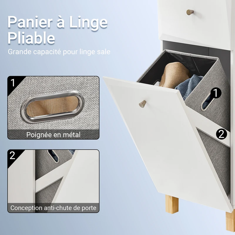 SoBuy BZR93-W Meuble Salle de Bain avec Panier à Linge, 1 Tiroir et 1 Panier Amovible, pour Salle de Bain et WC, Rangement Optimisé – L34×P30×H90 cm, Blanc