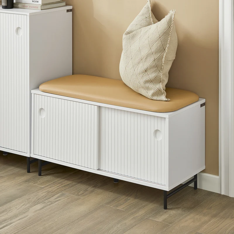 SoBuy FSR116-W Banc à Chaussures avec Coussin Rembourré, 2 Portes Coulissantes et 4 Étagères pour Entrée – 85x37x49 cm, Blanc