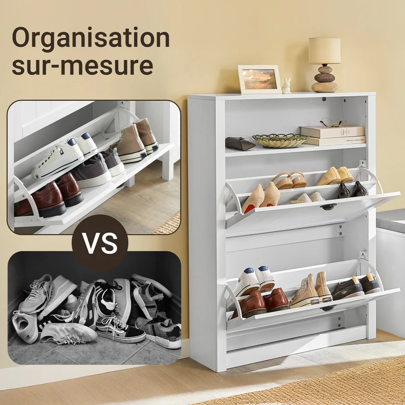 SoBuy FSR87-W Armoire à Chaussures 2 Abattants et Compartiment Ouvert – 80×24×110 cm, 50 kg, MDF E1, Blanc