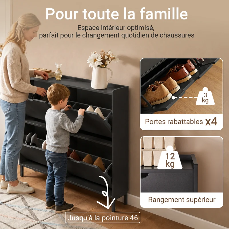SoBuy FSR100-SCH Meuble à Chaussures 4 Abattants – 19 cm de Profondeur, Jusqu'à 12 Paires, Noir Mat