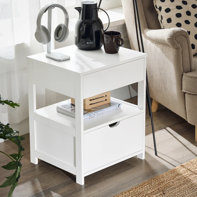 SoBuy FRG258-II-W Table de Chevet avec 2 tiroirs et étagère, Table de Nuit pour Chambre à Coucher - Meuble de Rangement Moderne L45 x P38 x H55 cm Blanc