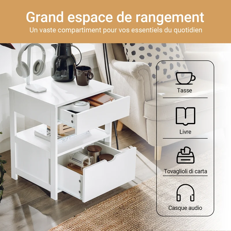 SoBuy FRG258-II-W Table de Chevet avec 2 tiroirs et étagère, Table de Nuit pour Chambre à Coucher - Meuble de Rangement Moderne L45 x P38 x H55 cm Blanc