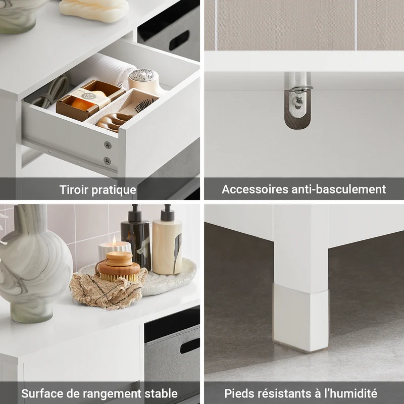 SoBuy BZR77-W Meuble de Salle de Bain avec Paniers à Linge, Armoire à Linge avec 3 Paniers et Tiroir, Armoire de Salle de Bain en Bois, Corbeille à Linge, Blanc, 80x91x38cm