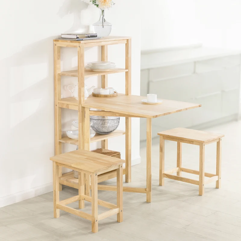 SoBuy FWT70-N Table Pliante en Bois d'Hévéa – 98×60 cm, 3 Étagères, Naturel