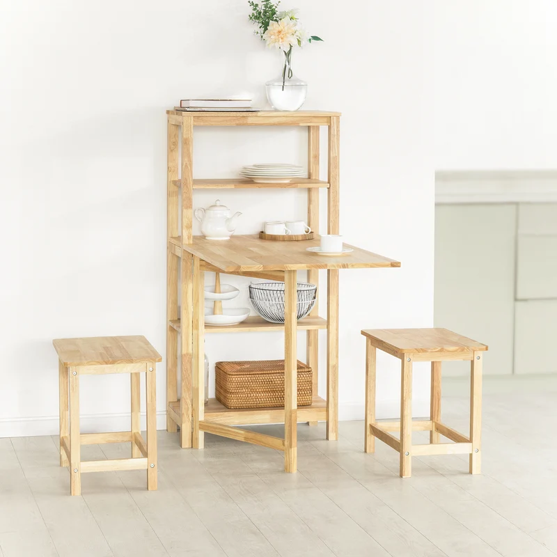 SoBuy FWT70-N Table Pliante en Bois d'Hévéa – 98×60 cm, 3 Étagères, Naturel