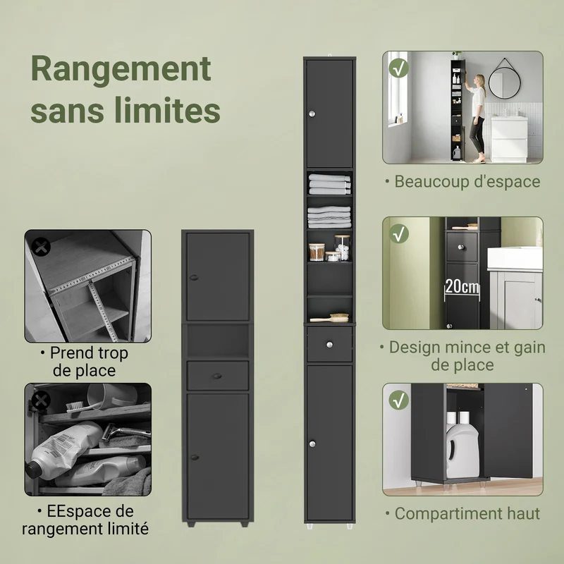 SoBuy BZR34-II-SCH Colonne Salle de Bain Étroite 20 cm – Gain de Place, Noir