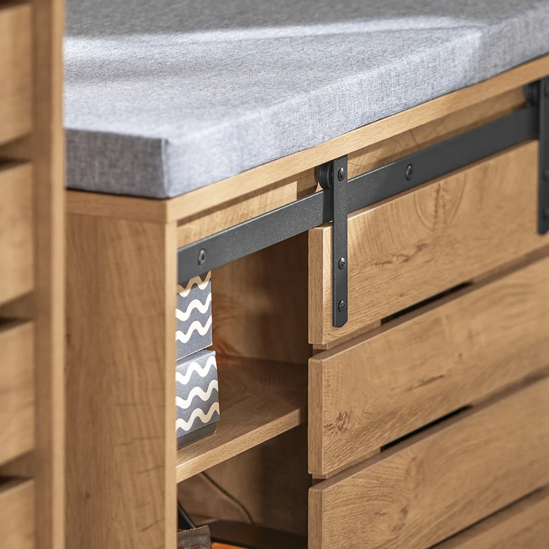 SoBuy FSR120-N Banc à Chaussures avec Porte de Grange Coulissante et Coffre de Rangement pour Entrée – 80x35x48 cm, Naturel