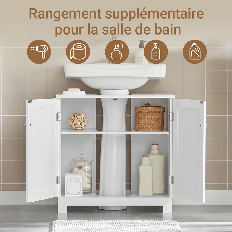 SoBuy BZR18-II-W Meuble sous Vasque 60 cm – Découpe Siphon, Rangement Gain de Place, Blanc