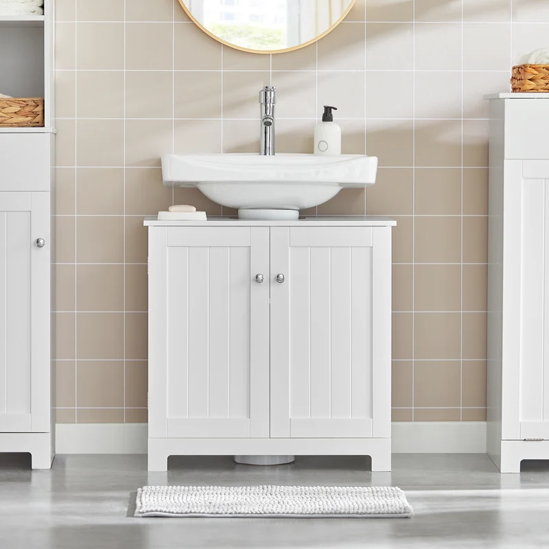 SoBuy BZR18-II-W Meuble sous Vasque 60 cm – Découpe Siphon, Rangement Gain de Place, Blanc