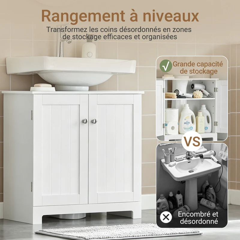 SoBuy BZR18-II-W Meuble sous Vasque 60 cm – Découpe Siphon, Rangement Gain de Place, Blanc