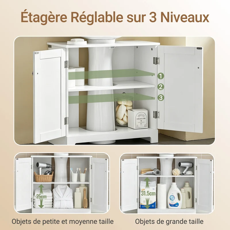 SoBuy BZR18-II-W Meuble sous Vasque 60 cm – Découpe Siphon, Rangement Gain de Place, Blanc