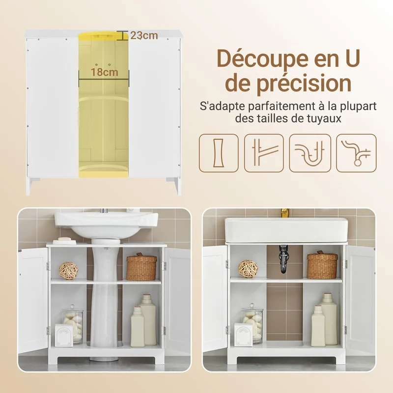SoBuy BZR18-II-W Meuble sous Vasque 60 cm – Découpe Siphon, Rangement Gain de Place, Blanc