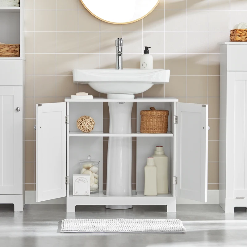SoBuy BZR18-II-W Meuble sous Vasque 60 cm – Découpe Siphon, Rangement Gain de Place, Blanc