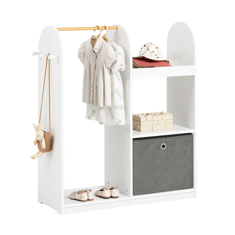 SoBuy KMB40-W Armoire Enfant Penderie Enfant avec Portant Vêtements Garde-Robe avec 3 Étagères Panier en Tissu et 3 Crochets Petite Armoire Etagere Blanc 97x35x108 cm