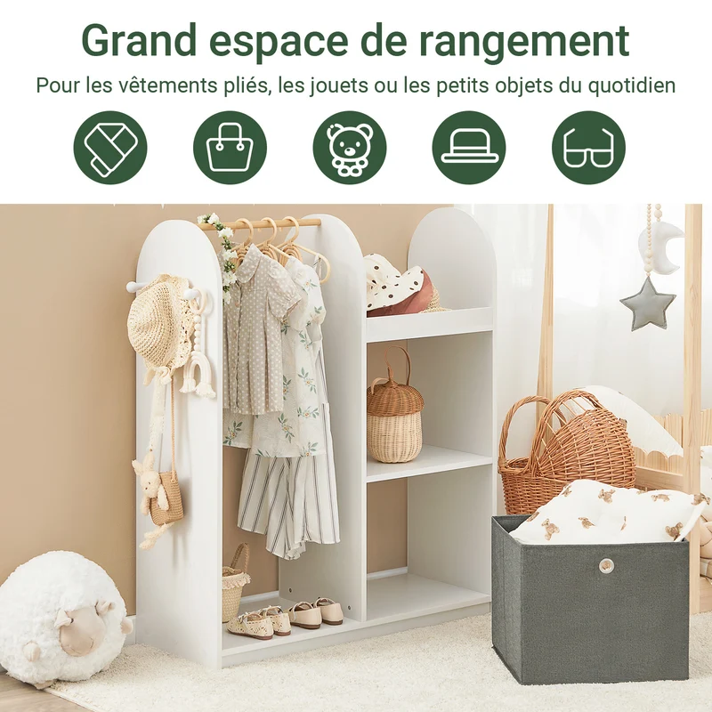 SoBuy KMB40-W Armoire Enfant Penderie Enfant avec Portant Vêtements Garde-Robe avec 3 Étagères Panier en Tissu et 3 Crochets Petite Armoire Etagere Blanc 97x35x108 cm