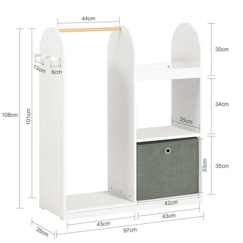SoBuy KMB40-W Armoire Enfant Penderie Enfant avec Portant Vêtements Garde-Robe avec 3 Étagères Panier en Tissu et 3 Crochets Petite Armoire Etagere Blanc 97x35x108 cm