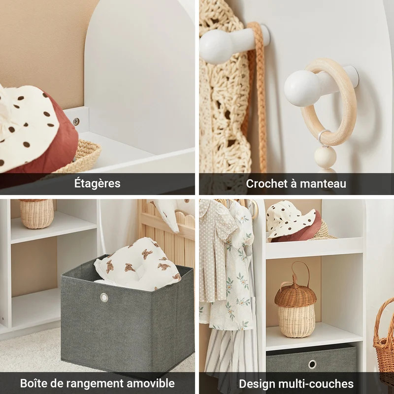 SoBuy KMB40-W Armoire Enfant Penderie Enfant avec Portant Vêtements Garde-Robe avec 3 Étagères Panier en Tissu et 3 Crochets Petite Armoire Etagere Blanc 97x35x108 cm