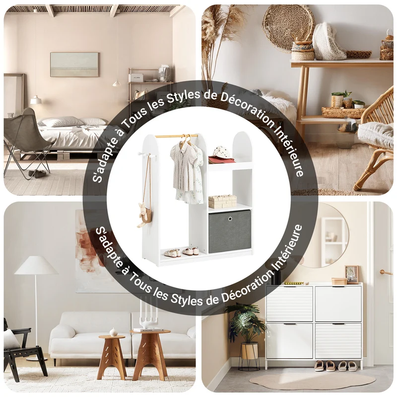 SoBuy KMB40-W Armoire Enfant Penderie Enfant avec Portant Vêtements Garde-Robe avec 3 Étagères Panier en Tissu et 3 Crochets Petite Armoire Etagere Blanc 97x35x108 cm