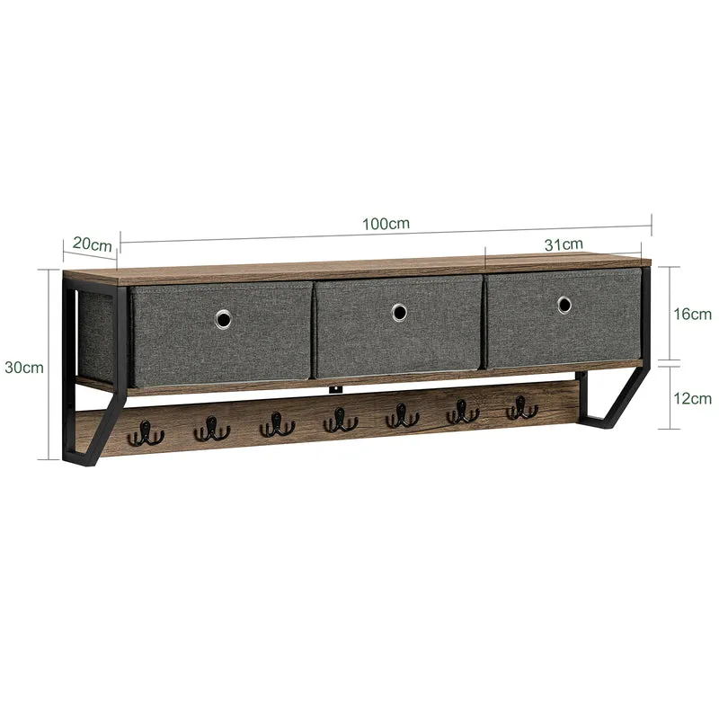 SoBuy FHK26-N Portemanteau Mural Meuble d’Entrée Vestiaire Portant à Vêtements Étagère Murale avec 3 Paniers et 7 Crochets Doubles, Style Industriel 100x20x30 cm
