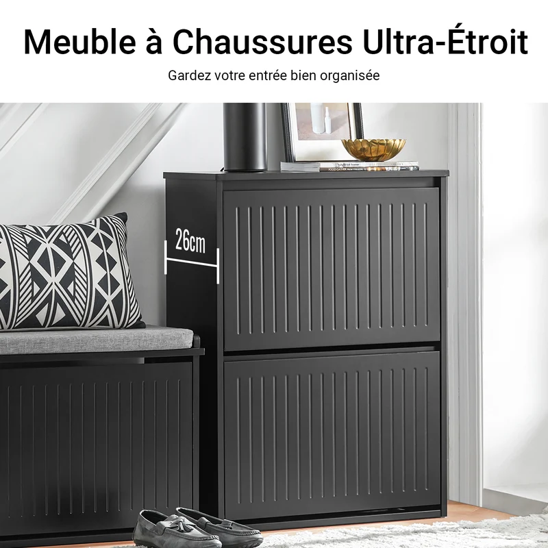 SoBuy FSR165-K-SCH Meuble à Chaussures à Abattants 2 Niveaux – Rangement Discret pour Entrée – 61x26x81 cm Noir