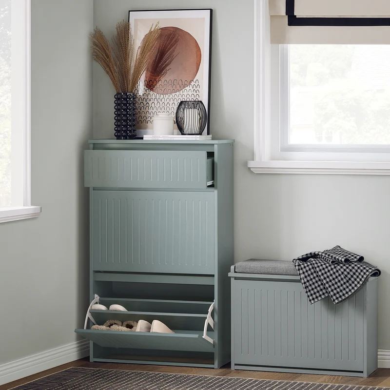 SoBuy FSR165-HG Armoire à Chaussures avec Coussin Rembourré, Coffre 2 Abattants, Capacité 30 kg pour Entrée – Gris