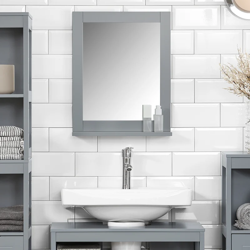 SoBuy FRG129-SG Armoire Murale Salle de Bain avec Miroir, Format Compact, pour Salle de Bain et WC, Rangement Optimisé, Pratique – L40×P10×H49 cm, Gris Clair