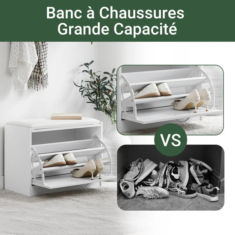SoBuy FSR16-W Banc à Chaussures avec 1 Abattant et Coussin Rembourré, Coffre de Rangement pour Entrée – 60x30x48 cm, Blanc