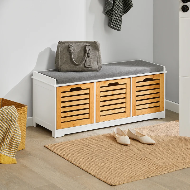 SoBuy FSR23-WN Banc à Chaussures avec Coussin Rembourré et 3 Cubes de Rangement pour Entrée – 105x35x43 cm, Blanc et Naturel
