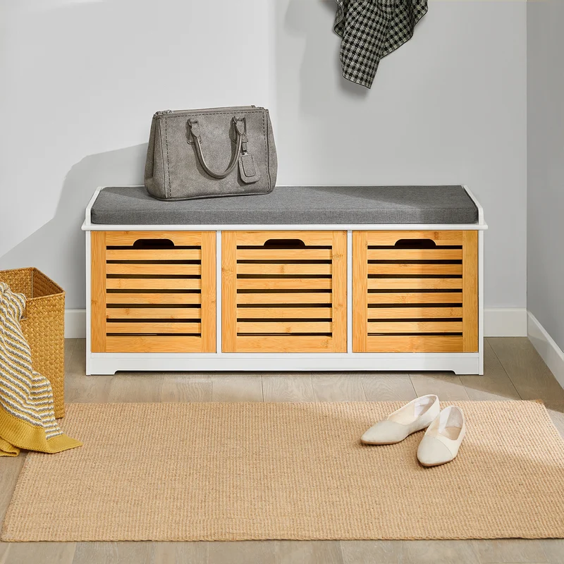 SoBuy FSR23-WN Banc à Chaussures avec Coussin Rembourré et 3 Cubes de Rangement pour Entrée – 105x35x43 cm, Blanc et Naturel