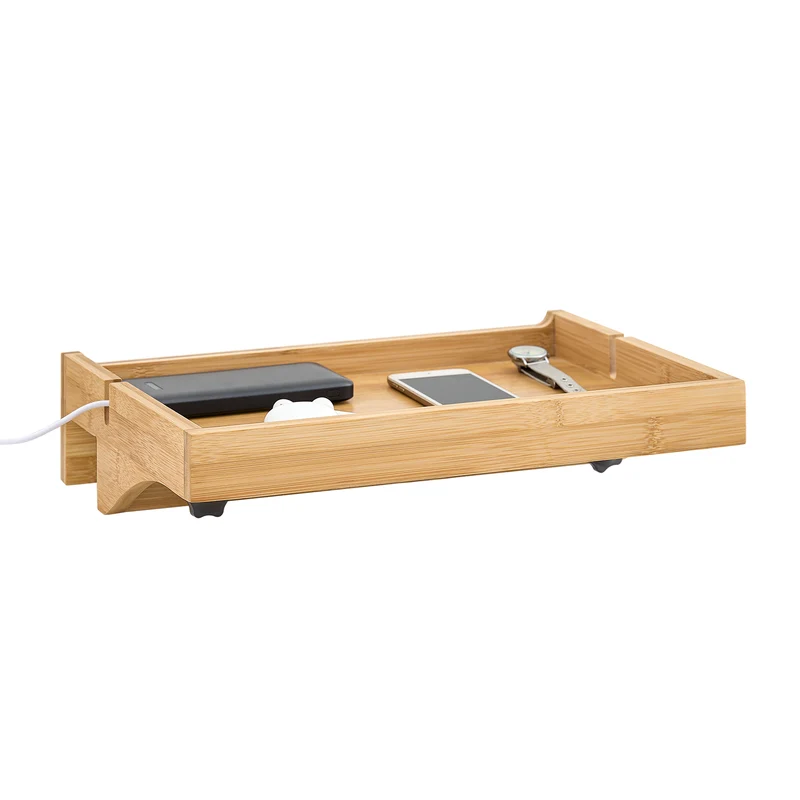 SoBuy NKD01-N Tablette de lit Amovible à encoches câbles - Plateau en Bambou pour Livres, Smartphones & Lunettes - Adapté aux Cadres de lit de 1-3cm 36x25x9cm