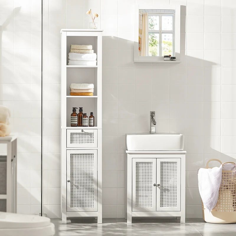 SoBuy BZR35-W Meuble sous Lavabo Salle de Bain Meuble Lavabo avec 2 Portes et Étagère Petit Meuble Salle de Bain avec Panneaux en Treillis pour Vasque ou Lavabo Blanc 50x60x33 cm