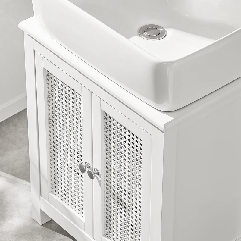 SoBuy BZR35-W Meuble sous Lavabo Salle de Bain Meuble Lavabo avec 2 Portes et Étagère Petit Meuble Salle de Bain avec Panneaux en Treillis pour Vasque ou Lavabo Blanc 50x60x33 cm