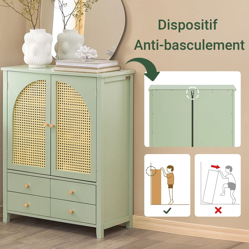 SoBuy FSB72-GR Meuble d’Entrée Rotin Vert avec 4 tiroirs 70x34x90cm, Style Bohème Naturel