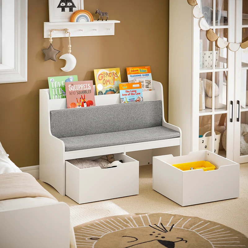 SoBuy KMB66-W Coffre de Rangement Enfants, Banc de Rangement pour Enfants avec Bibliothèque, 2 Tiroirs sur roulettes et Coussin d'assise, 100 x 45 x 70 cm, Blanc