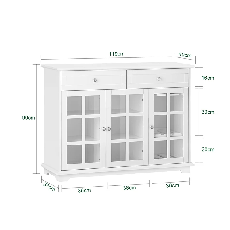 SoBuy FSB77-W Buffet Cuisine avec 3 Portes Vitrées et 2 Tiroirs, pour Cuisine et Salle à Manger, Rangement Optimisé, Design Fonctionnel – L119×P40×H90 cm, Blanc