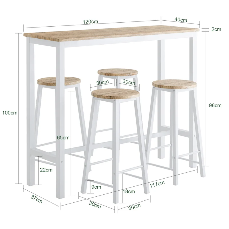 SoBuy OGT22-WN Ensemble Table de Bar + 4 Tabourets – Table Haute 120 cm, Repose-Pieds, Tabourets Rangeables, Blanc