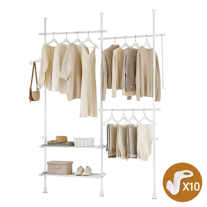 SoBuy FRG34-II-W Portant à vêtements télescopique robuste – Penderie ouverte réglable avec tringles et étagères, Porte-manteau pour chambre ou dressing, Blanc