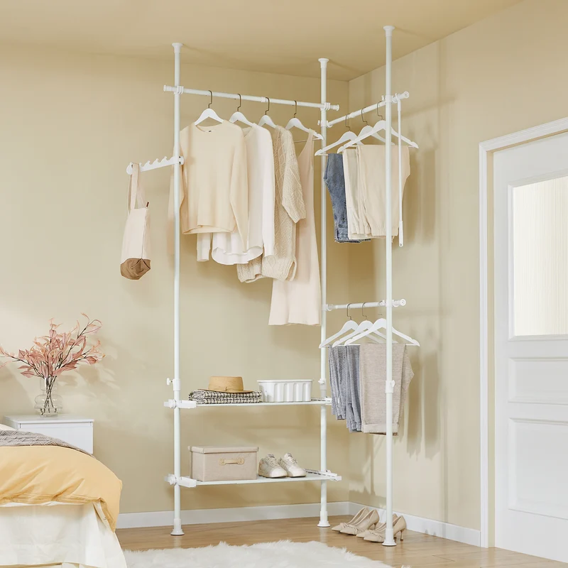 SoBuy FRG34-II-W Portant à vêtements télescopique robuste – Penderie ouverte réglable avec tringles et étagères, Porte-manteau pour chambre ou dressing, Blanc