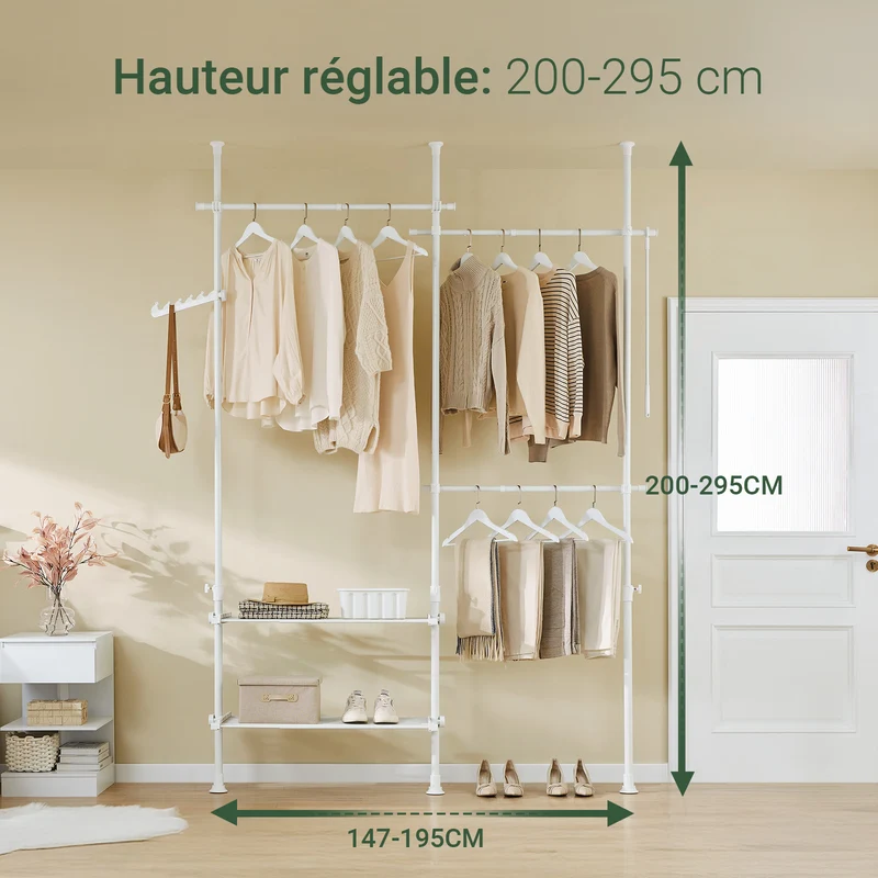 SoBuy FRG34-II-W Portant à vêtements télescopique robuste – Penderie ouverte réglable avec tringles et étagères, Porte-manteau pour chambre ou dressing, Blanc