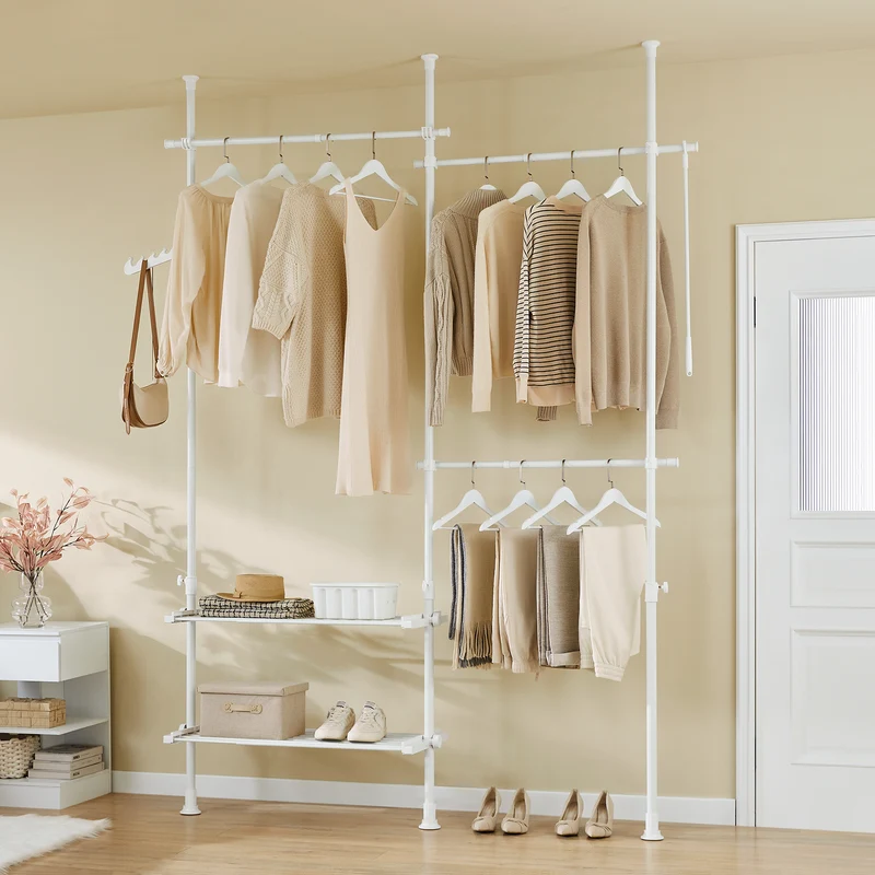 SoBuy FRG34-II-W Portant à vêtements télescopique robuste – Penderie ouverte réglable avec tringles et étagères, Porte-manteau pour chambre ou dressing, Blanc