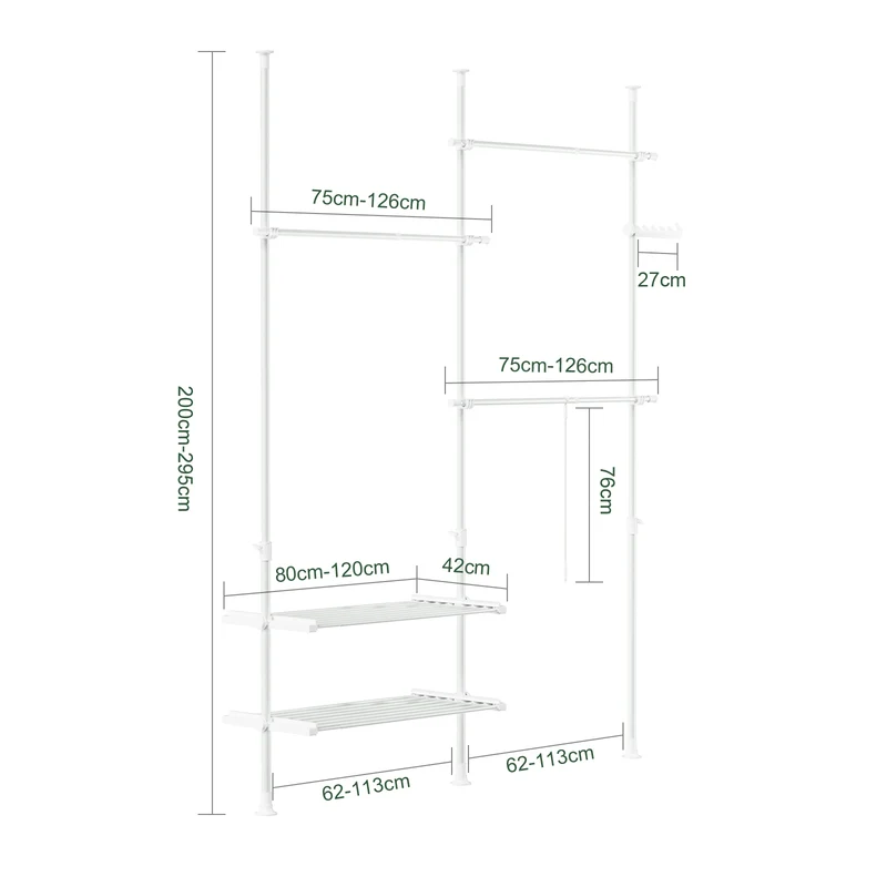 SoBuy FRG34-II-W Portant à vêtements télescopique robuste – Penderie ouverte réglable avec tringles et étagères, Porte-manteau pour chambre ou dressing, Blanc