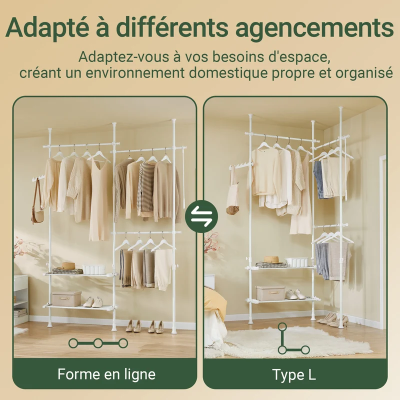 SoBuy FRG34-II-W Portant à vêtements télescopique robuste – Penderie ouverte réglable avec tringles et étagères, Porte-manteau pour chambre ou dressing, Blanc