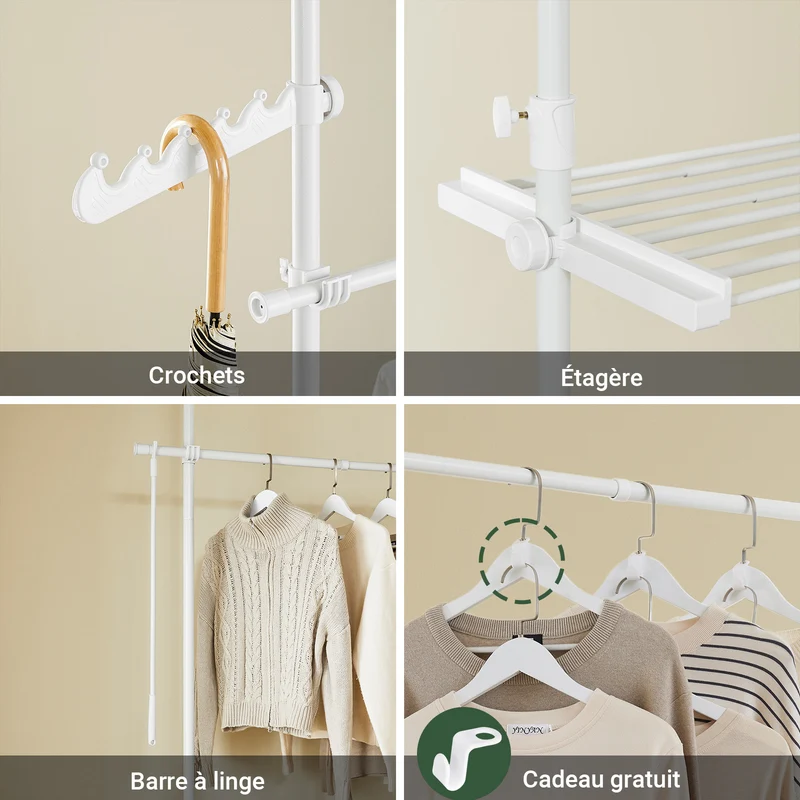 SoBuy FRG34-II-W Portant à vêtements télescopique robuste – Penderie ouverte réglable avec tringles et étagères, Porte-manteau pour chambre ou dressing, Blanc