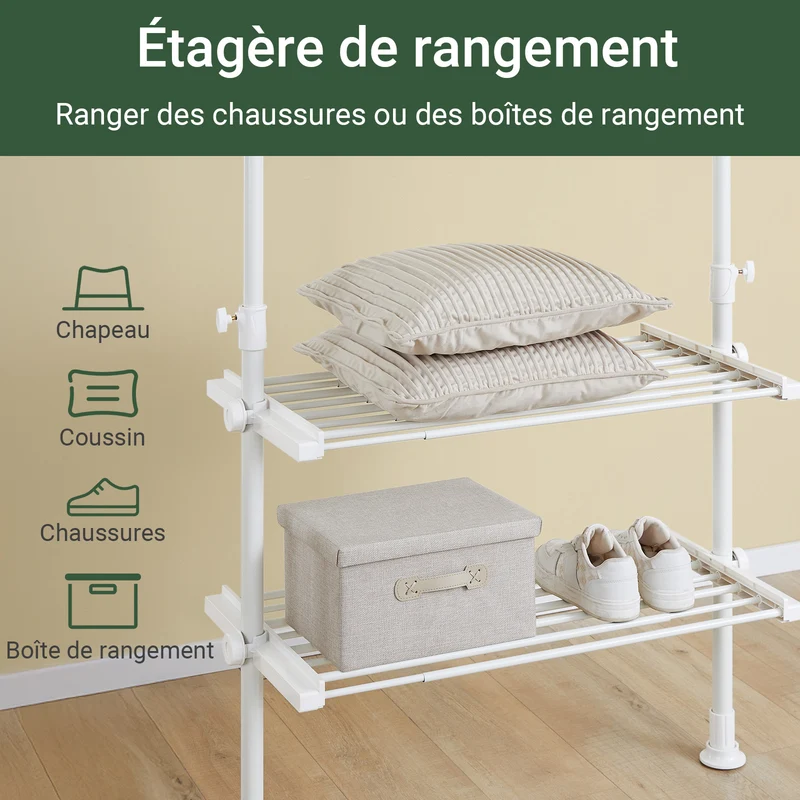 SoBuy FRG34-II-W Portant à vêtements télescopique robuste – Penderie ouverte réglable avec tringles et étagères, Porte-manteau pour chambre ou dressing, Blanc
