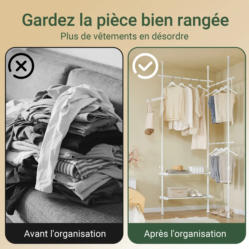 SoBuy FRG34-II-W Portant à vêtements télescopique robuste – Penderie ouverte réglable avec tringles et étagères, Porte-manteau pour chambre ou dressing, Blanc