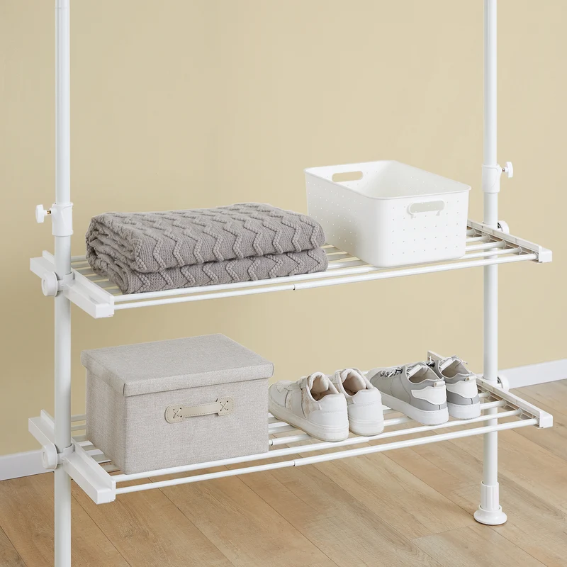 SoBuy FRG34-II-W Portant à vêtements télescopique robuste – Penderie ouverte réglable avec tringles et étagères, Porte-manteau pour chambre ou dressing, Blanc